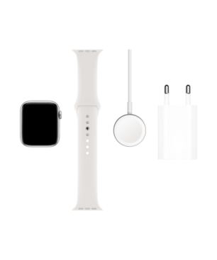 APPLE Watch Series 5 (GPS + Cellular) 44mm Smartwatch Aluminium Fluorelastomer, 140 - 200 mm , Armband: Weiß, Gehäuse: Silber