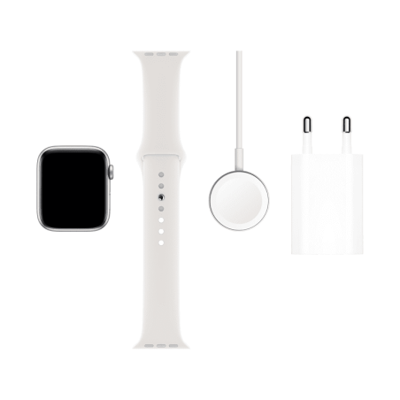 APPLE Watch Series 5 (GPS + Cellular) 44mm Smartwatch Aluminium Fluorelastomer, 140 - 200 mm , Armband: Weiß, Gehäuse: Silber