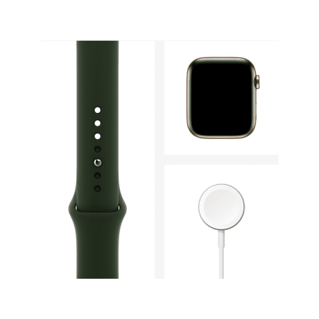 APPLE Watch Series 6 (GPS + Cellular) 44mm Smartwatch Edelstahl Fluorelastomer, 140 - 210 mm, Armband: Zyperngrün, Gehäuse: Gold