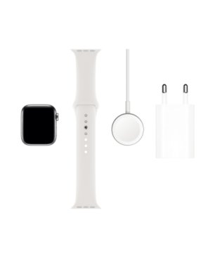 APPLE Watch Series 5 (GPS + Cellular) 40mm Smartwatch Edelstahl Fluorelastomer, 130 - 200 mm, Armband: Weiß, Gehäuse: Edelstahl