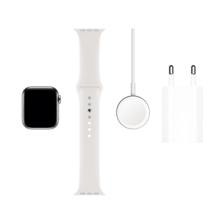 APPLE Watch Series 5 (GPS + Cellular) 40mm Smartwatch Edelstahl Fluorelastomer, 130 - 200 mm, Armband: Weiß, Gehäuse: Edelstahl