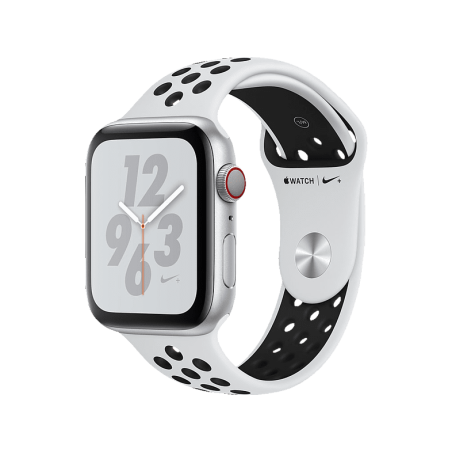 APPLE Watch Series 4 (GPS + Cellular) 44 mm Kunststoff, 145-220 mm, Armband: Platinum/Schwarz, Gehäuse: Silber