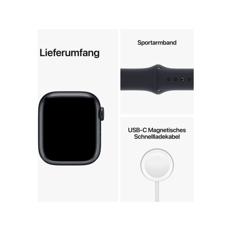 APPLE Watch Series 7 (GPS) 41mm Smartwatch Fluorelastomer, 130 - 200 mm, Armband: Mitternacht, Gehäuse: Mitternacht