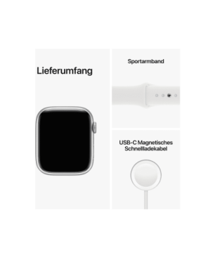 APPLE Watch Series 8 (GPS + Cellular) 41 mm Smartwatch Aluminium Fluorelastomer, 130 - 200 mm, Armband: Weiß, Gehäuse: Silber