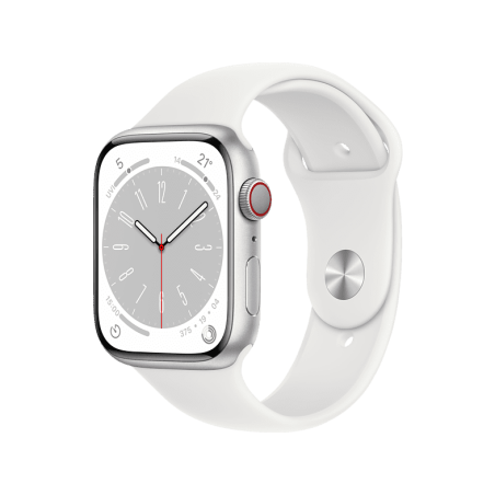 APPLE Watch Series 8 (GPS + Cellular) 41 mm Smartwatch Aluminium Fluorelastomer, 130 - 200 mm, Armband: Weiß, Gehäuse: Silber