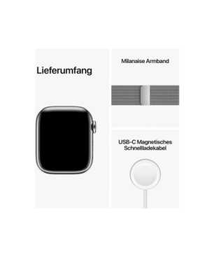 APPLE Watch Series 8 (GPS + Cellular) 45 mm Smartwatch Edelstahl Milanaise, 140 - 220 mm, Armband: Silber, Gehäuse: Silber