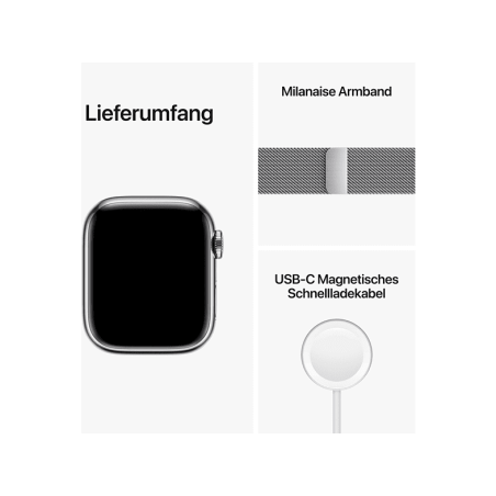 APPLE Watch Series 8 (GPS + Cellular) 45 mm Smartwatch Edelstahl Milanaise, 140 - 220 mm, Armband: Silber, Gehäuse: Silber
