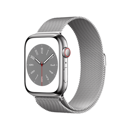 APPLE Watch Series 8 (GPS + Cellular) 45 mm Smartwatch Edelstahl Milanaise, 140 - 220 mm, Armband: Silber, Gehäuse: Silber