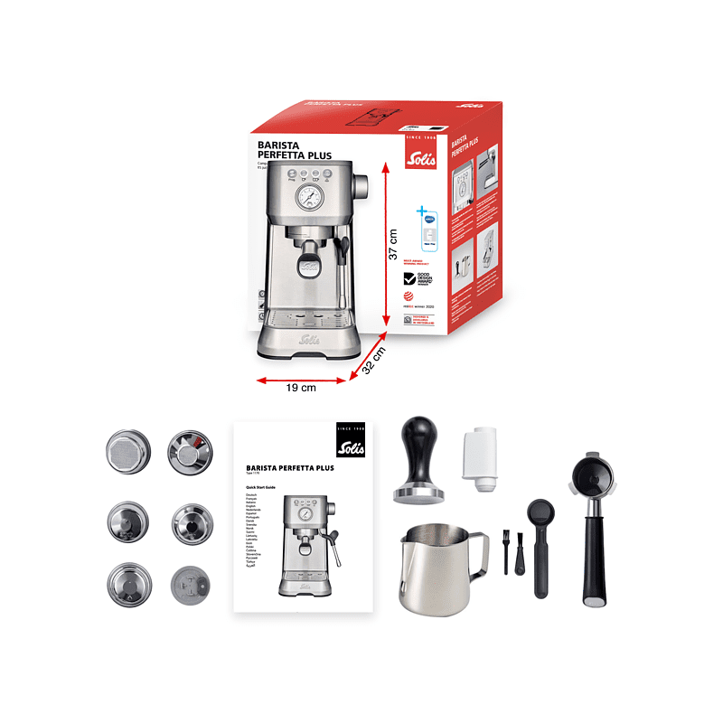 SOLIS OF SWITZERLAND Barista Perfetta Plus 1170 V2 Espressomaschine | Siebträgermaschine | Milchaufschäumer Silber